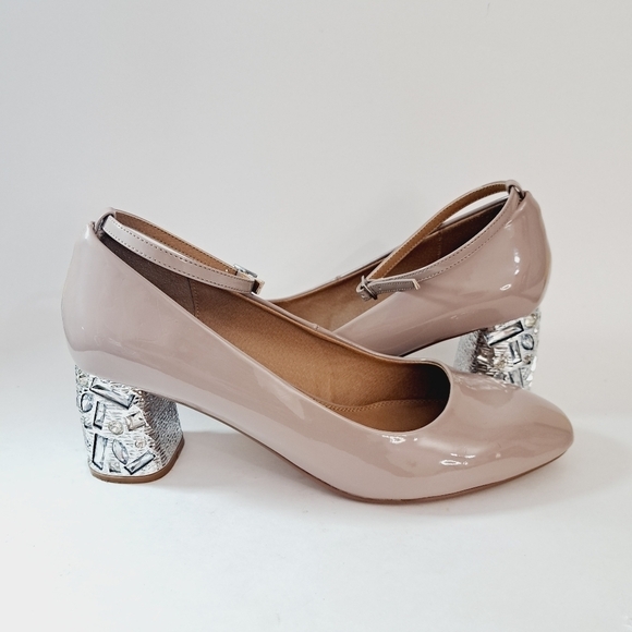 ASOS Snowflake Jewelled‎ Mid Ankle Strap Heels in Warm Taupe Patent - Picture 3 of 10